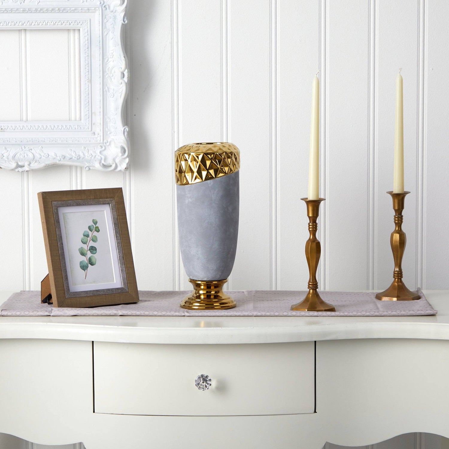 11.5” Regal Stone Vase with Gold Accents