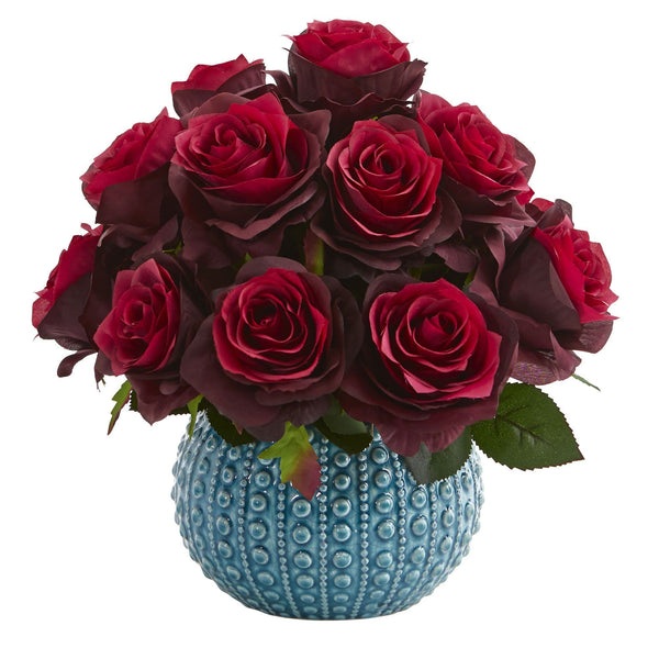 11.5’’ Rose Artificial Arrangement in Blue Ceramic Vase