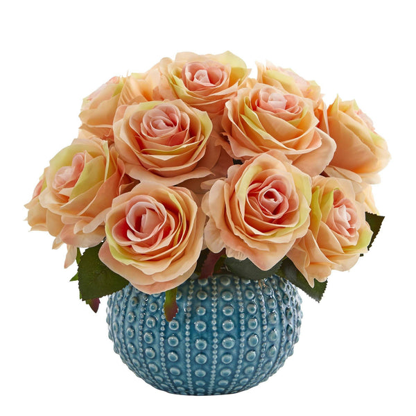 11.5’’ Rose Artificial Arrangement in Blue Ceramic Vase