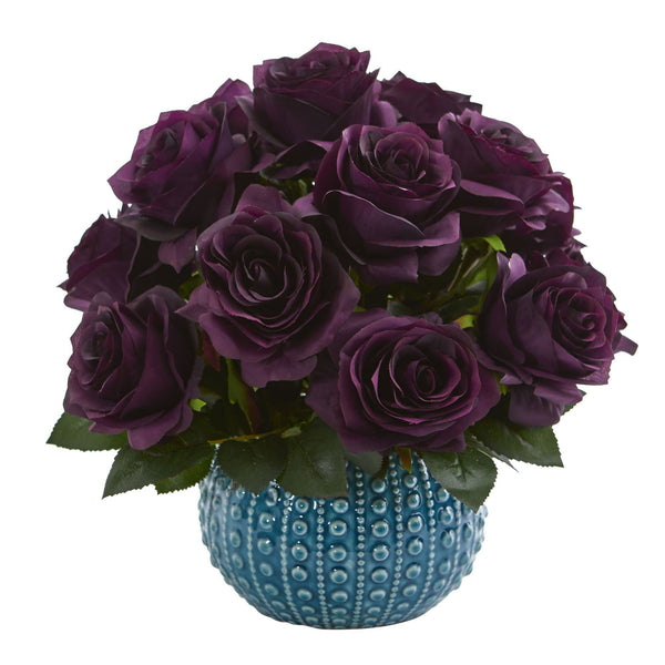 11.5’’ Rose Artificial Arrangement in Blue Ceramic Vase