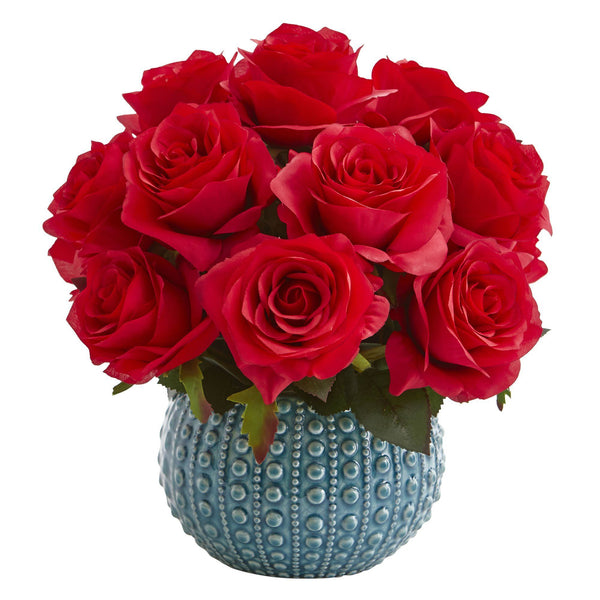 11.5’’ Rose Artificial Arrangement in Blue Ceramic Vase