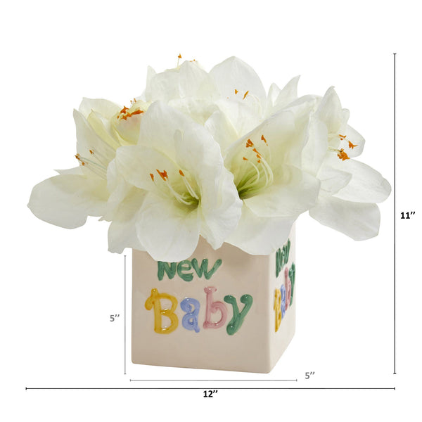 12” Amaryllis Artificial Arrangement in “New Baby” Vase