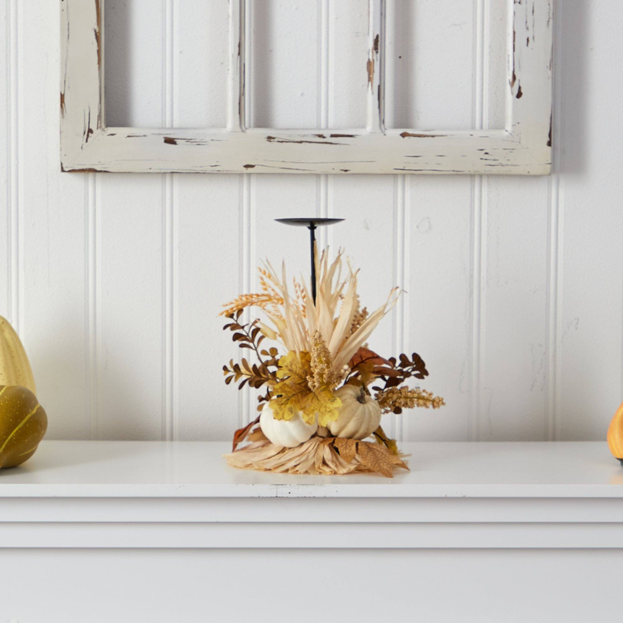 12” Autumn Harvest and Pumpkin Fall Candle Holder | Nearly Natural