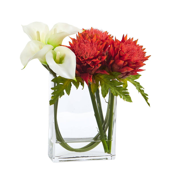 12’’ Calla Lily and Artichoke in Rectangular Glass Vase Artificial Arrangement