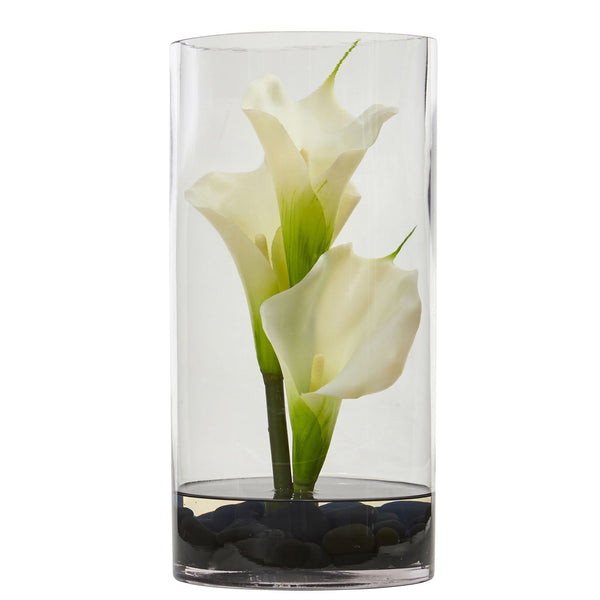 white calla lilies in glass column vase 12” Calla Lily Artificial Arrangement in Cylinder Glass 1521 Nearly Natural