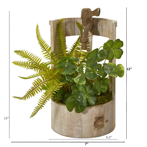 12” Clover and Fern Artificial Plant in Faucet Planter