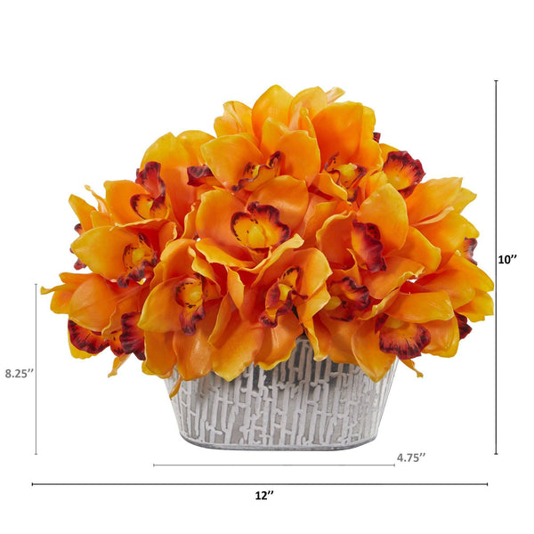 12” Cymbidium Orchid Arrangement in Tin White Vase