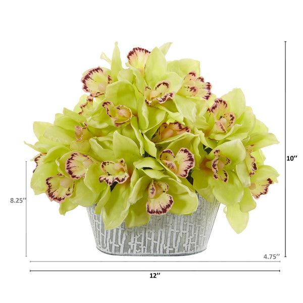 12” Cymbidium Orchid Arrangement in Tin White Vase