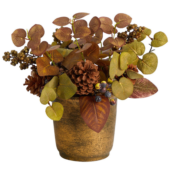 12” Fall Eucalyptus, Pinecones and Berries Artificial Autumn Arrangement in Decorative Vase