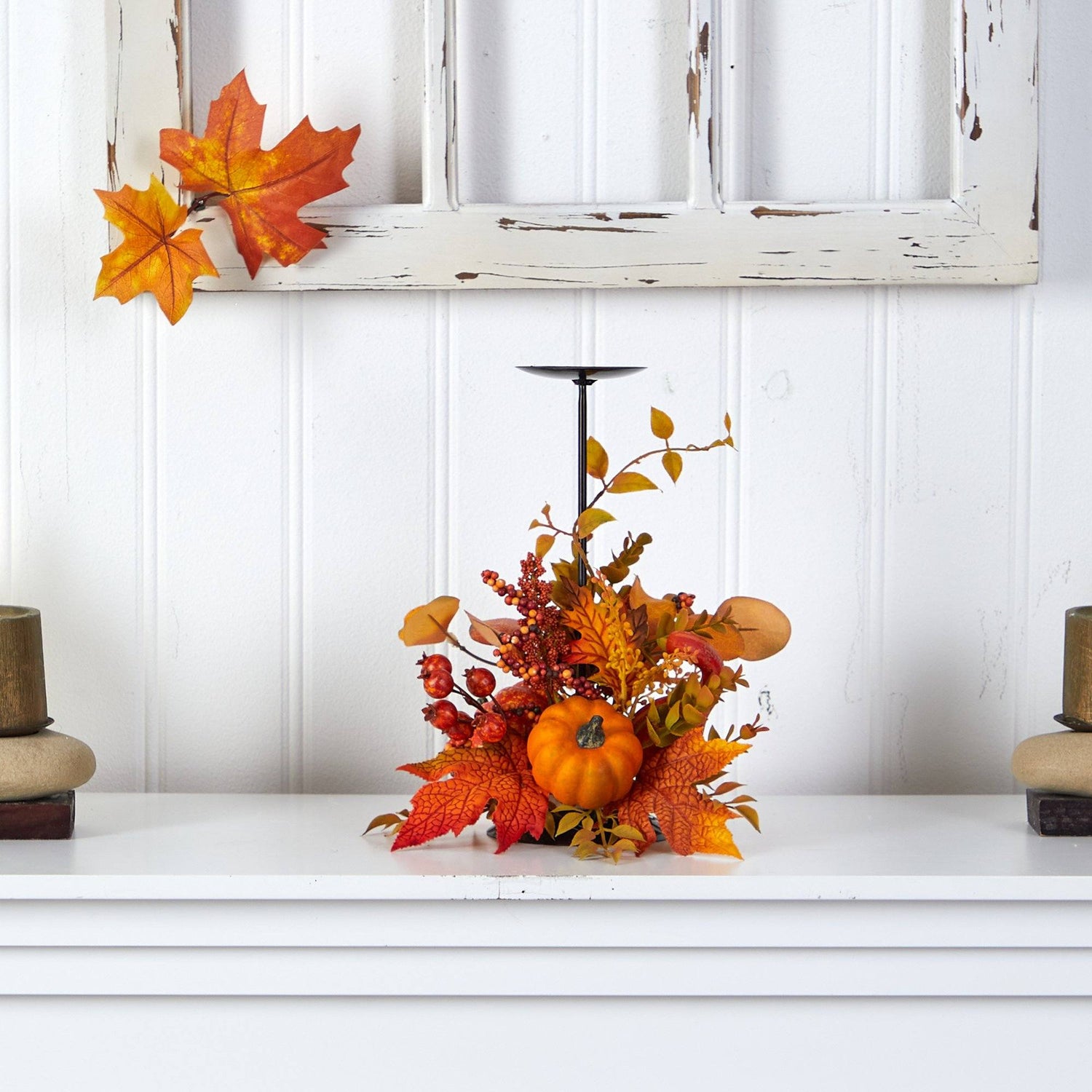 12” Fall Maple Leaves, Berries and Pumpkin Autumn Harvest Candle Holder