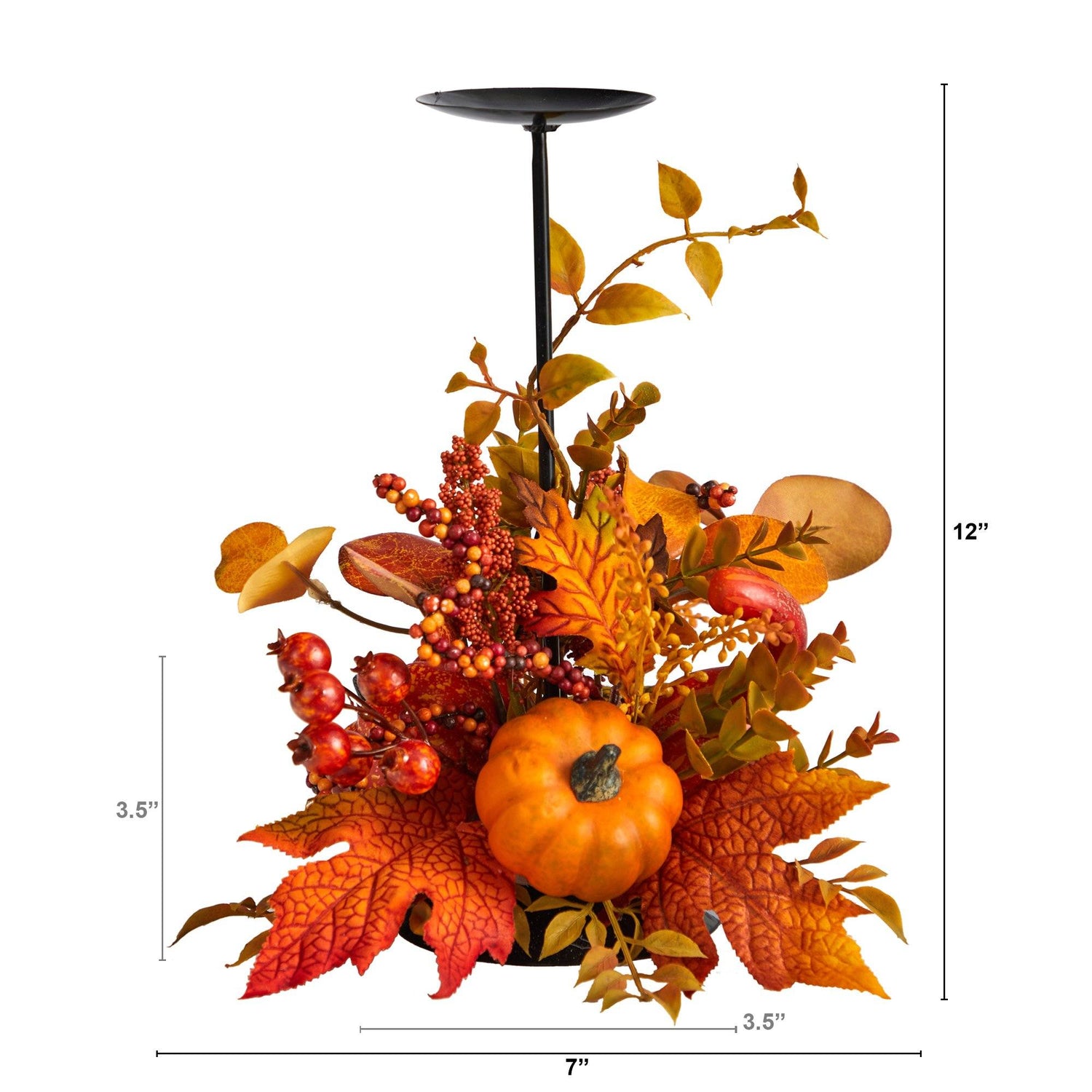 12” Fall Maple Leaves, Berries and Pumpkin Autumn Harvest Candle Holder