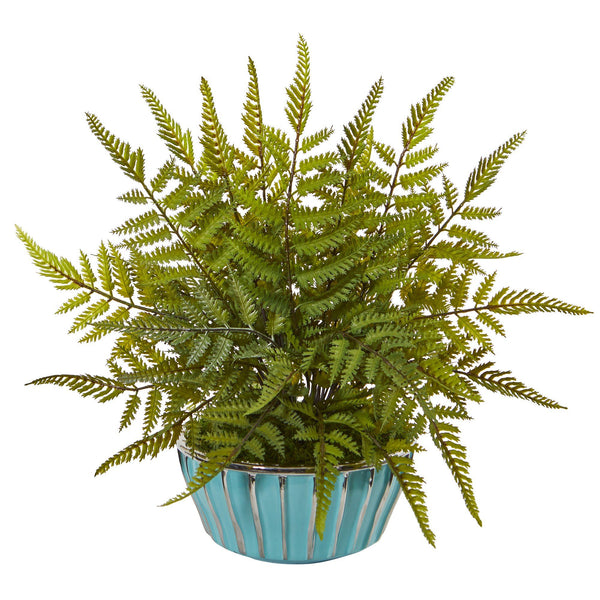12” Fern Artificial Plant in Turquoise Bowl with Silver Trimming