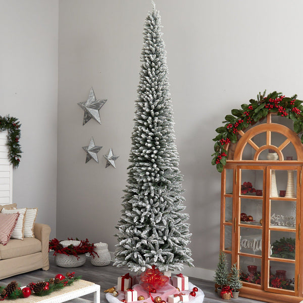 12’ Flocked Pencil Artificial Christmas Tree with 1000 Clear Lights and 1819 Bendable Branches