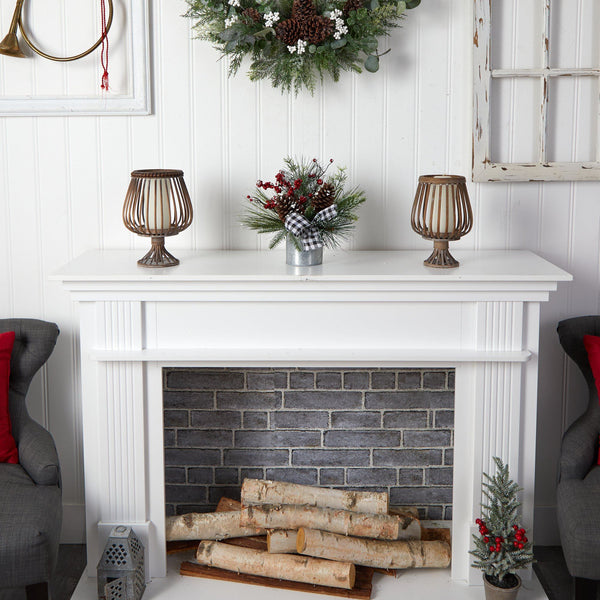 12” Frosted Pinecones and Berries Artificial Arrangement in Vase with Decorative Plaid Bow