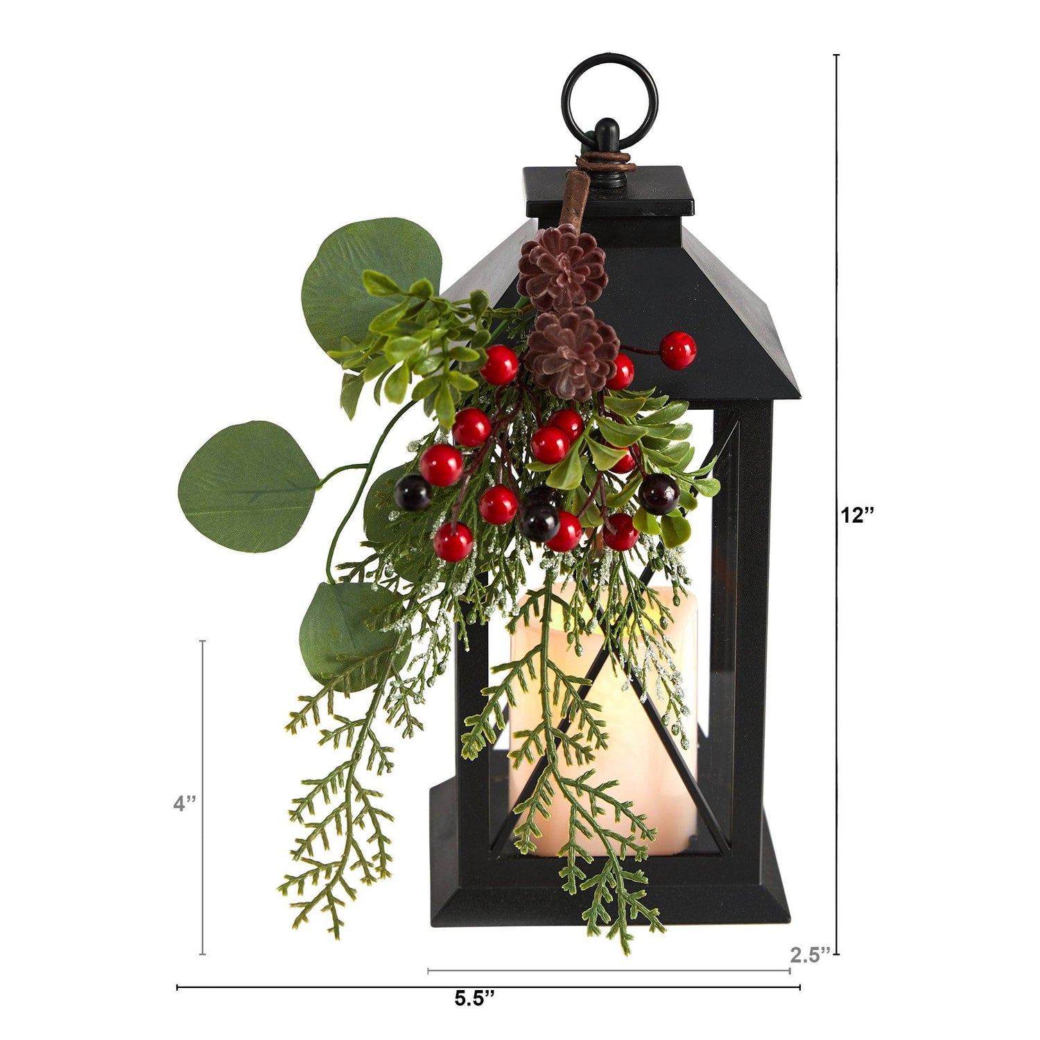12" Holiday Berries and Greenery Metal Lantern Table Christmas Arrangement with LED Candle Included"