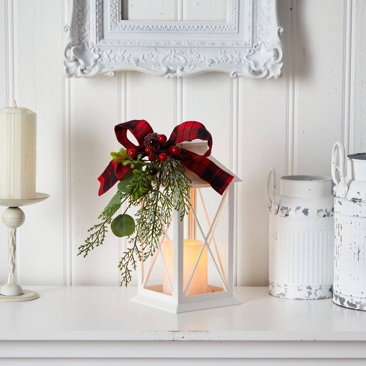 12" Holiday White Lantern With Berries, Pine and Plaid Bow Christmas Table Arrangement"