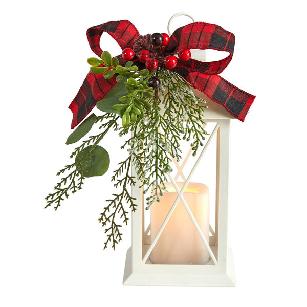 12" Holiday White Lantern With Berries, Pine and Plaid Bow Christmas Table Arrangement"