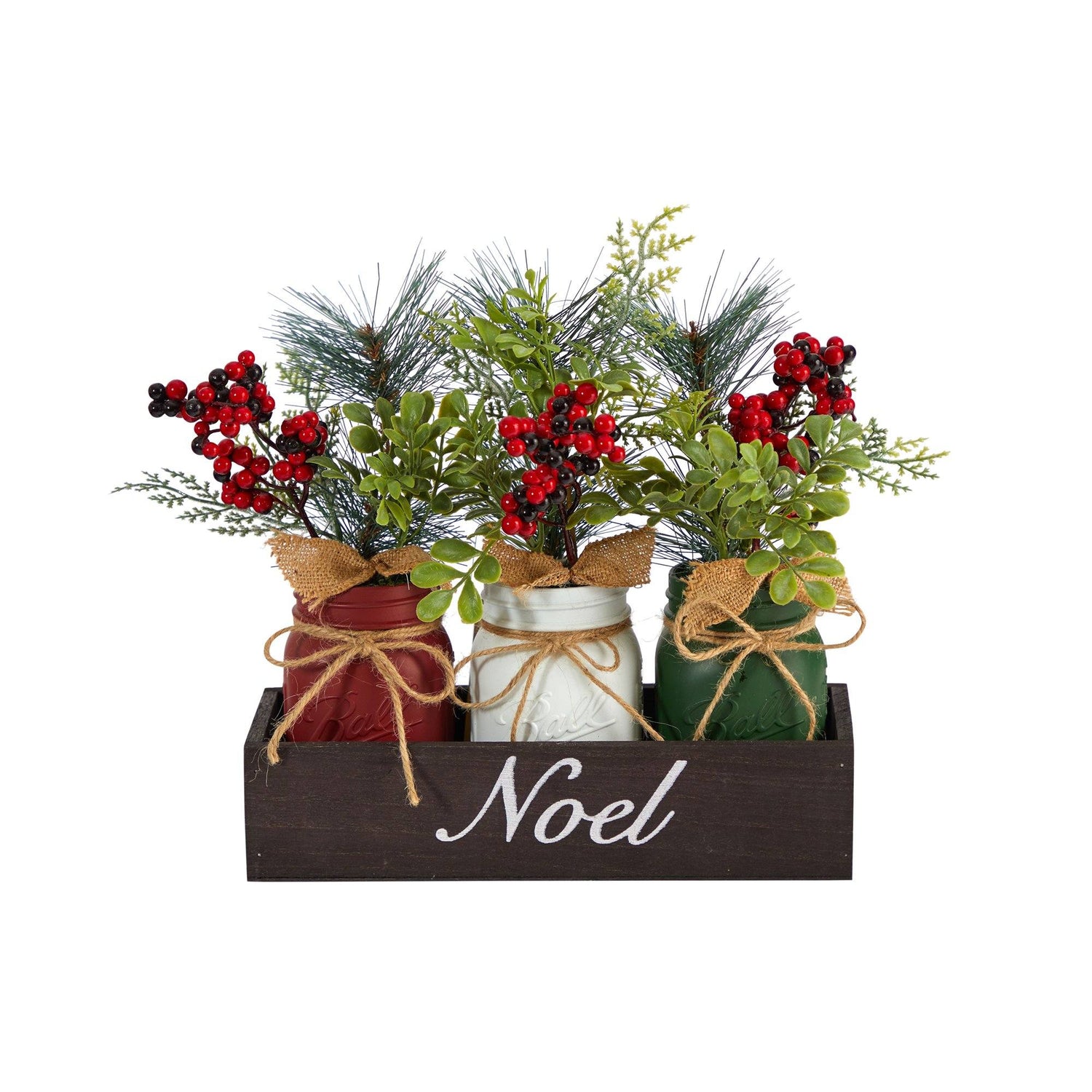 12” Holiday Winter Pine and Berries Three Piece Mason Jar “Noel” Table Christmas Arrangement Décor