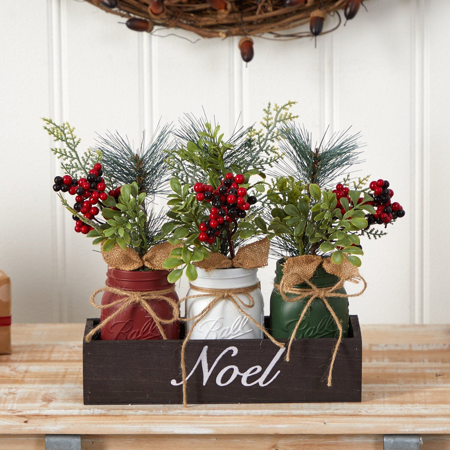 12” Holiday Winter Pine and Berries Three Piece Mason Jar “Noel” Table Christmas Arrangement Décor