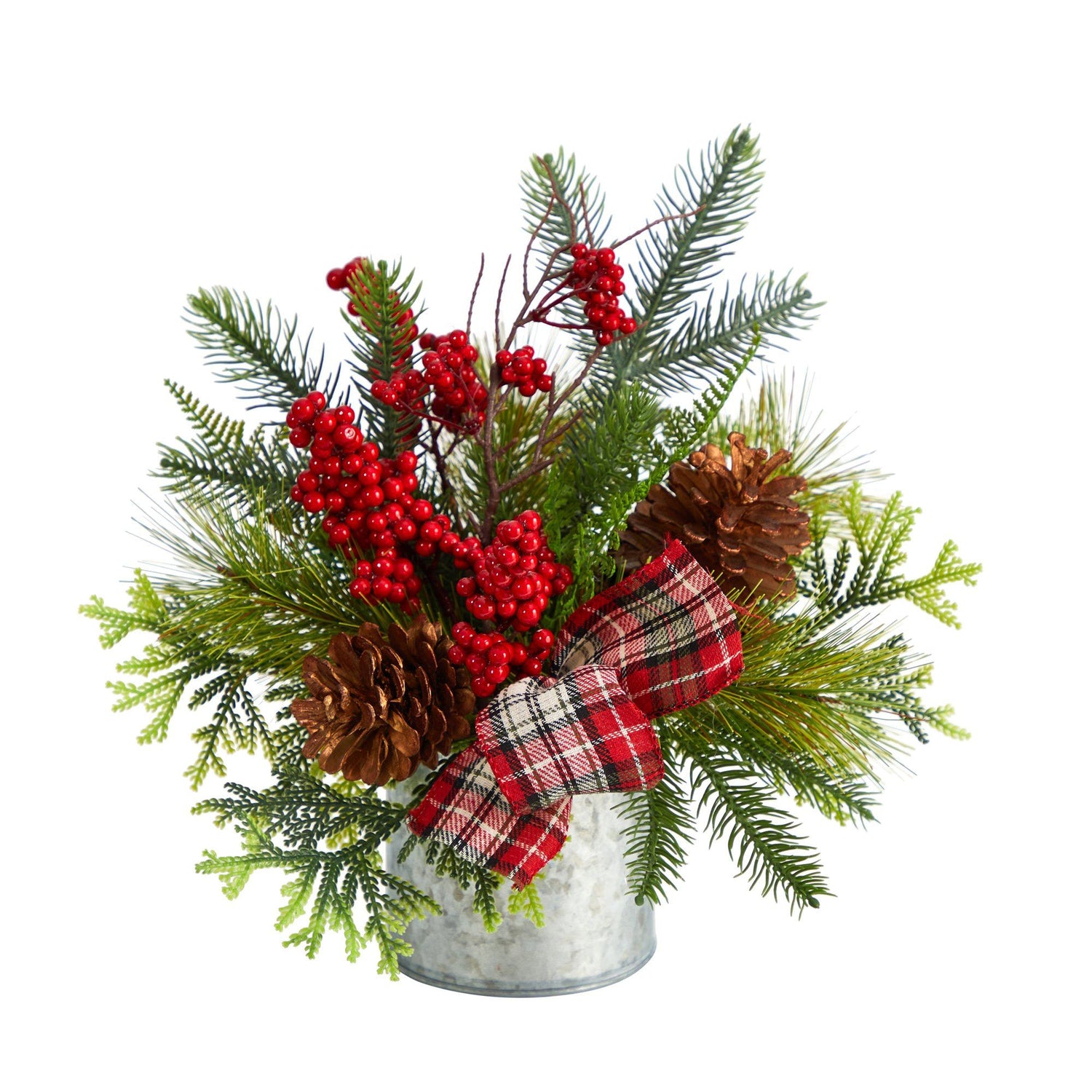 12” Holiday Winter Pinecones, Berries, Greenery and Plaid Bow Artificial Christmas Table Arrangement