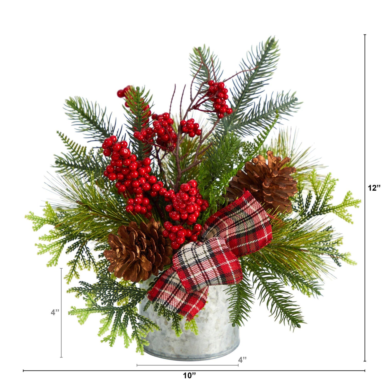 12” Holiday Winter Pinecones, Berries, Greenery and Plaid Bow Artificial Christmas Table Arrangement