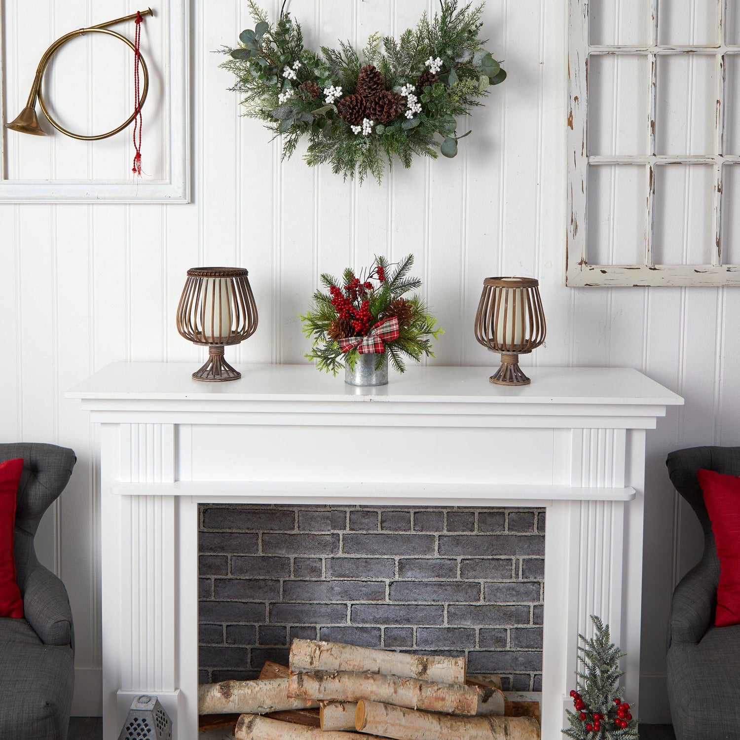 12” Holiday Winter Pinecones, Berries, Greenery and Plaid Bow Artificial Christmas Table Arrangement