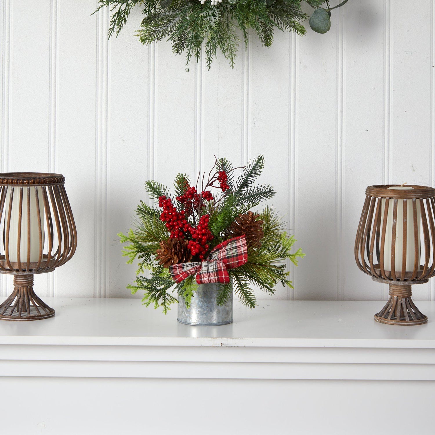 Nearly Natural Holiday Winter Greenery, Berries and Plaid Bow Artificial  Christmas Arrangement Home Decor, 28