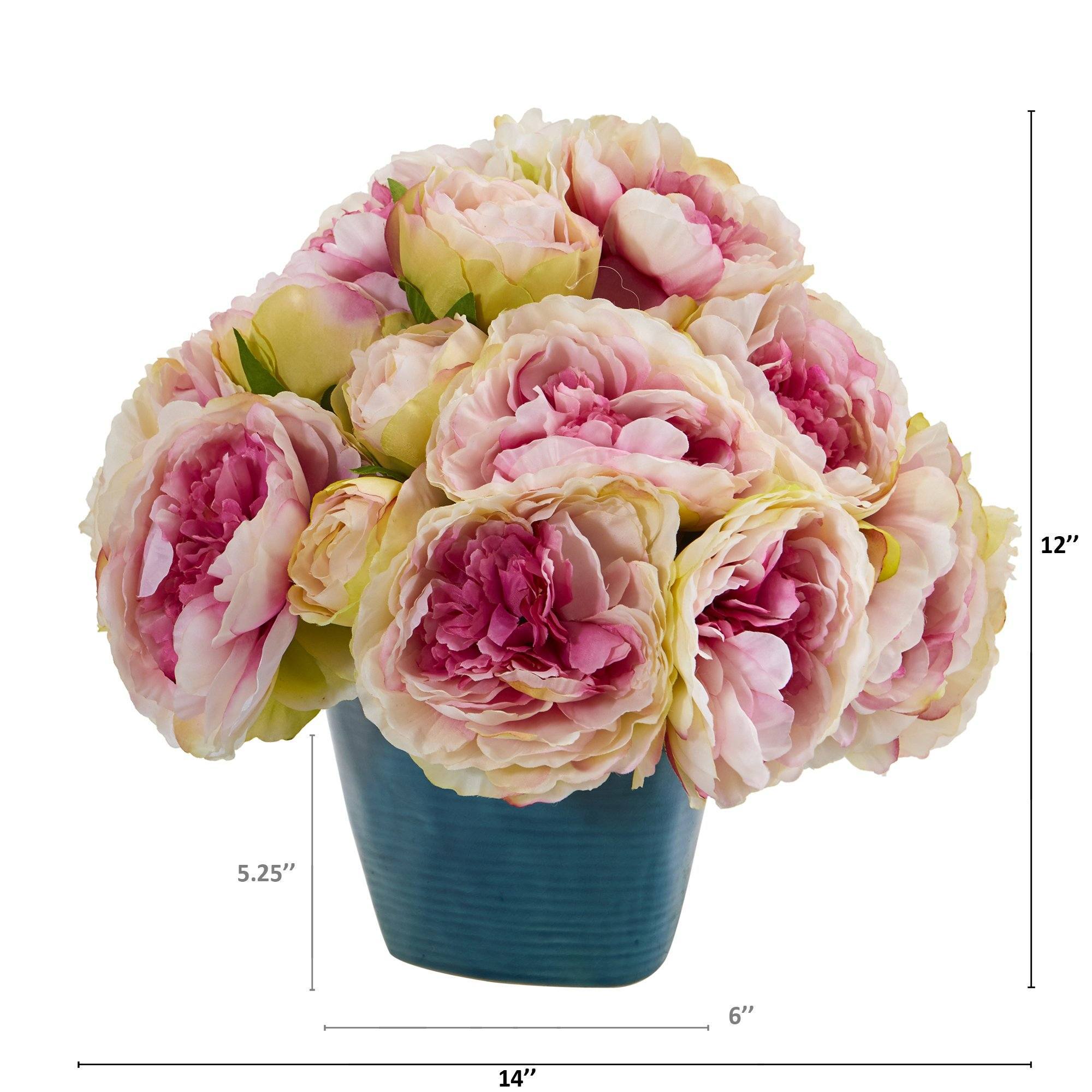 14” Peony Artificial Arrangement in Blue Vase | Nearly Natural