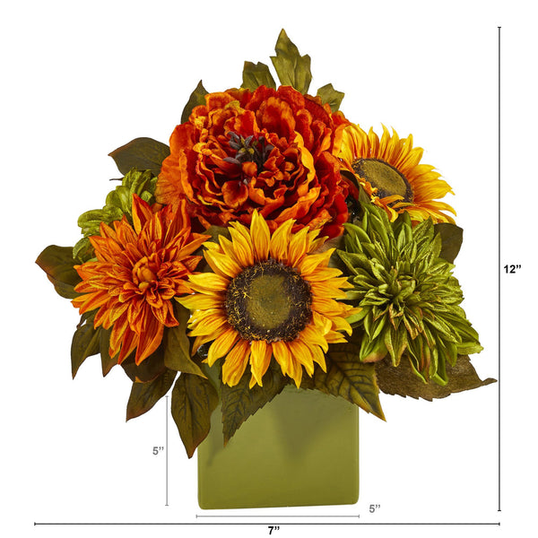 12” Peony, Dahlia and Sunflower Artificial Arrangement in Green Vase