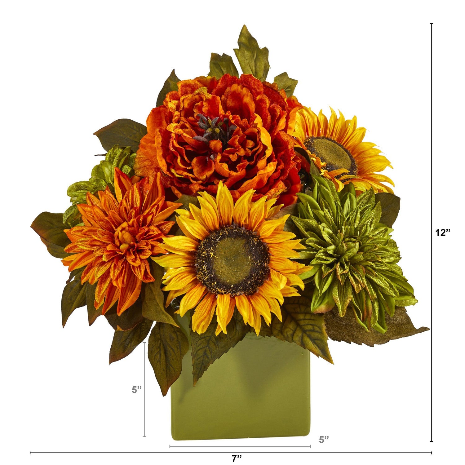 12” Peony, Dahlia and Sunflower Artificial Arrangement in Green Vase