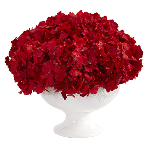 12” Red Hydrangea Artificial Arrangement in Pedestal Vase