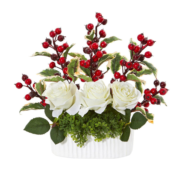 12” Rose and Holly Berry Artificial Arrangement in White Vase