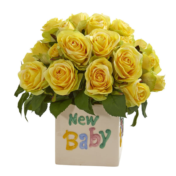 12” Rose Artificial Arrangement in “New Baby” Vase