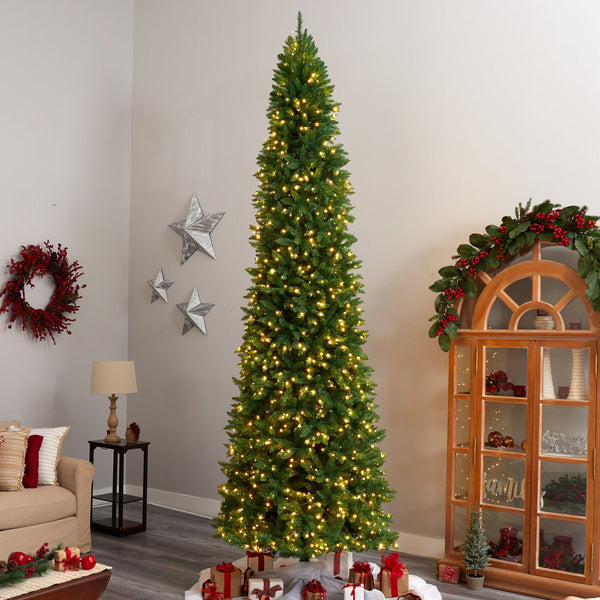 12’ Slim Green Mountain Pine Artificial Christmas Tree with 1100 Clear LED Lights and 3235 Tips