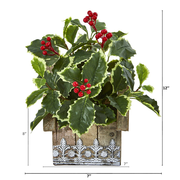 12” Variegated Holly Leaf Artificial Plant in Hanging Floral Design House Planter (Real Touch)