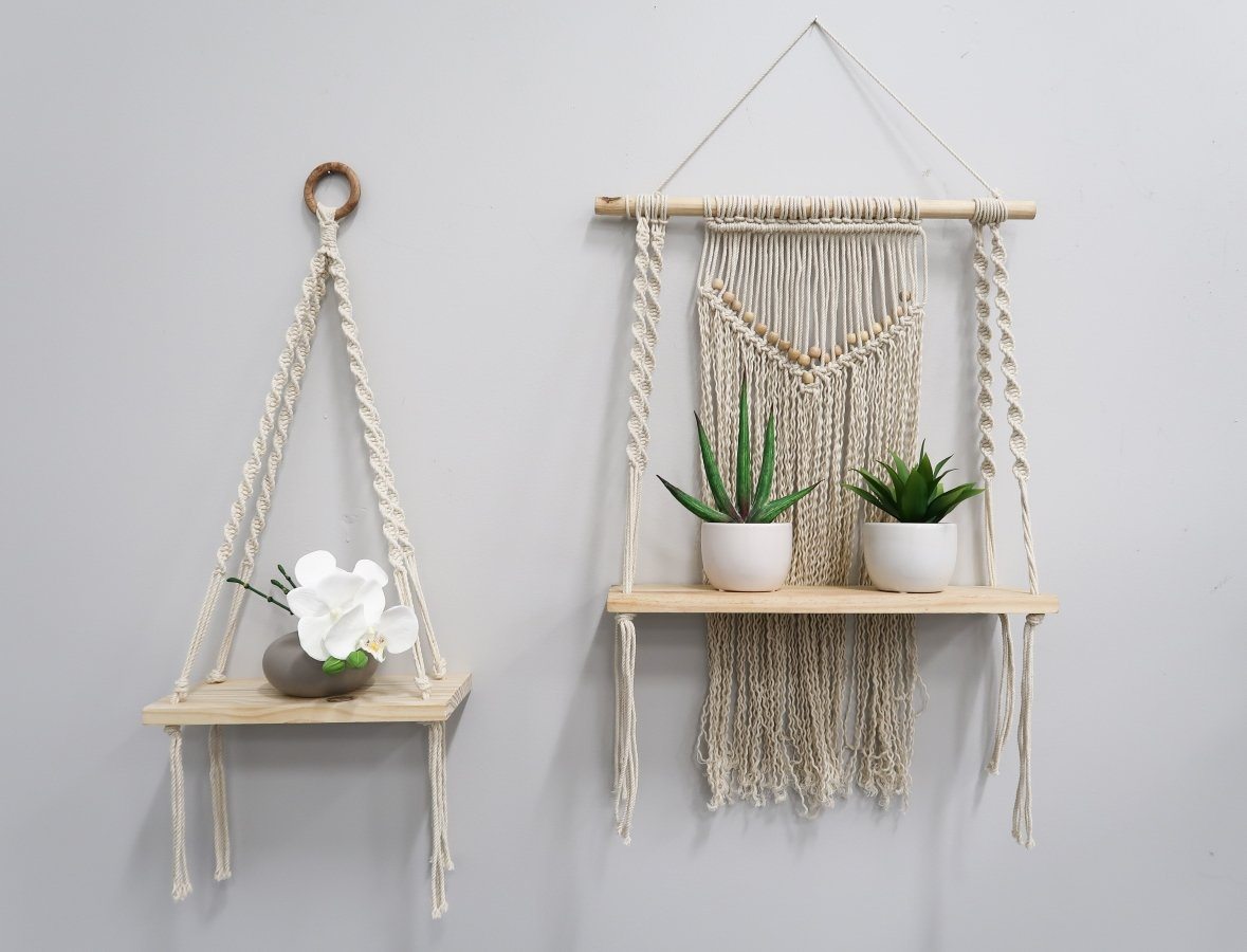12” x 22” Hand Woven Macrame Wall Hanging with Wooden Shelf