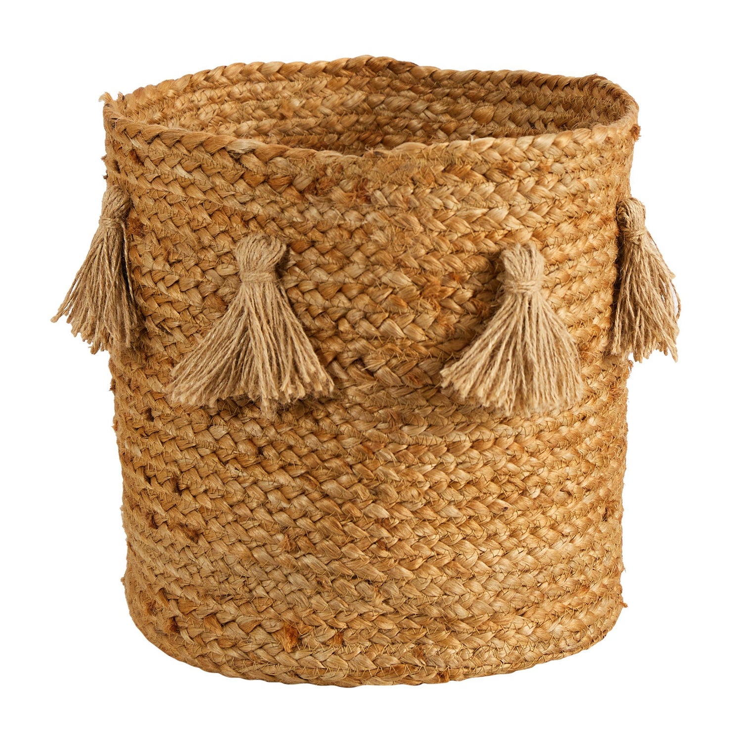 12.5” Boho Chic Natural Hand-Woven Jute Basket with Tassels