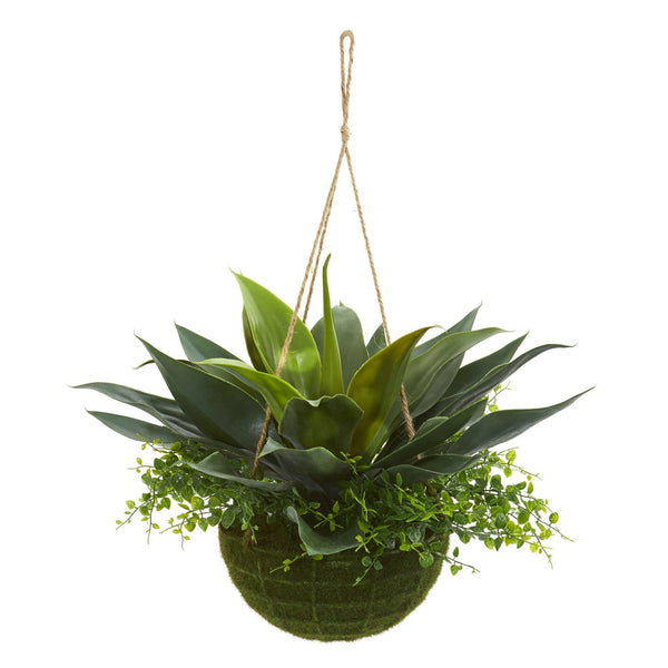 13" Agave and Maiden Hair Artificial Plant in Hanging Basket (Indoor + Outdoor)"