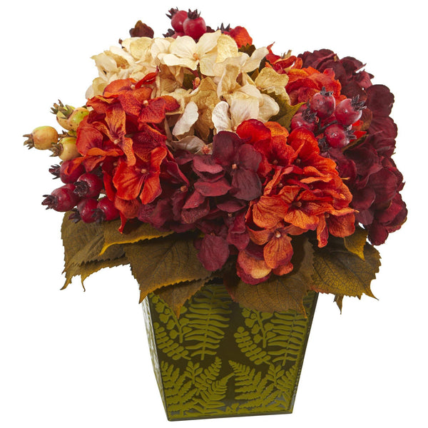 13” Autumn Hydrangea Berry Artificial Arrangement in Green Vase