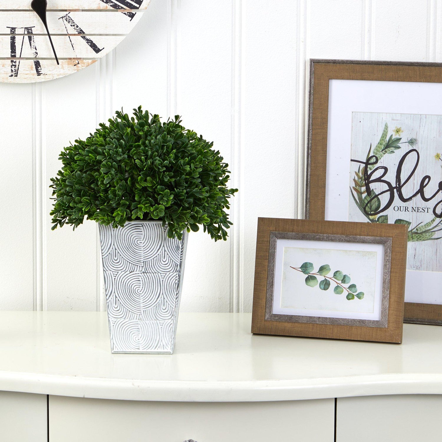 13” Boxwood Topiary Artificial Plant in Embossed White Planter(Indoor/Outdoor)