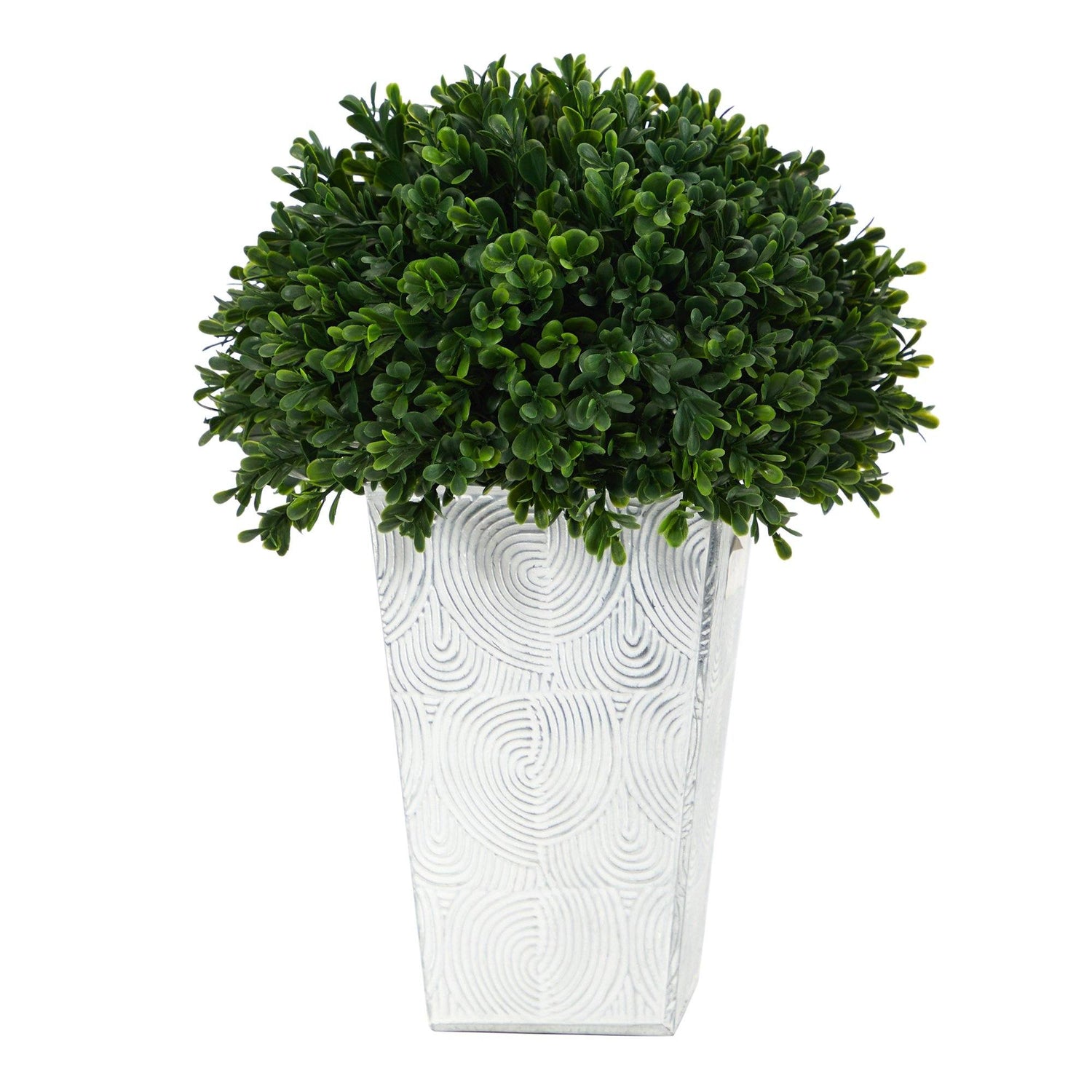 13” Boxwood Topiary Artificial Plant in Embossed White Planter(Indoor/Outdoor)