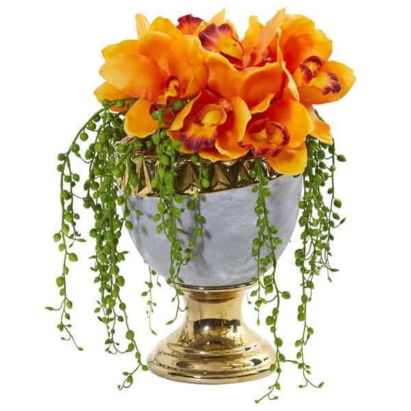 13” Cymbidium Orchid Artificial Arrangement in Designer Urn