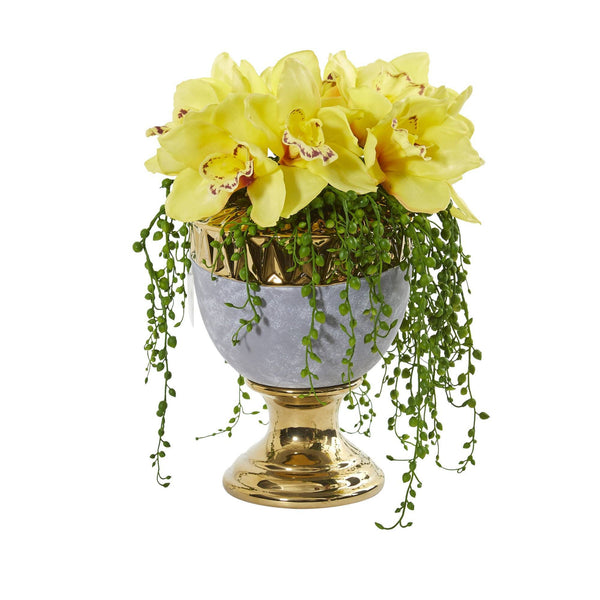 13” Cymbidium Orchid Artificial Arrangement in Designer Urn