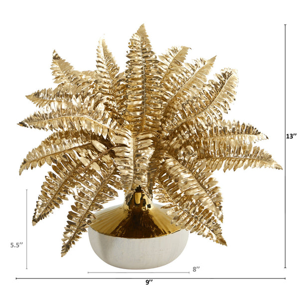 13” Golden Boston Fern Artificial Plant in Gold and Cream Elegant Vase