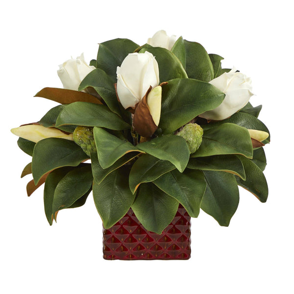 13” Magnolia Bud Artificial Plant in Red Planter