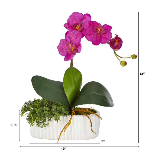 13” Mini Orchid Phalaenopsis Artificial Arrangement in White Vase