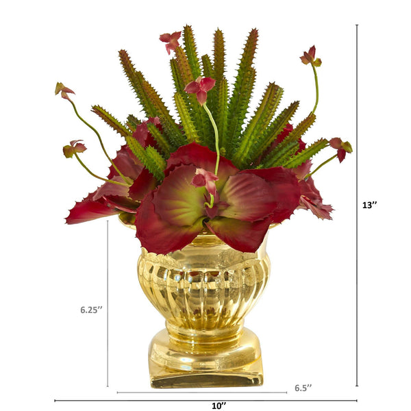 13” Mixed Succulent Artificial Plant in Gold Urn