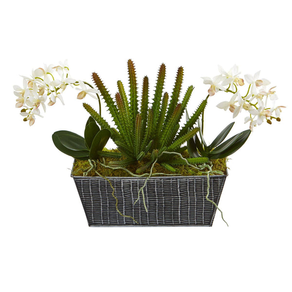 13” Orchid Phalaenopsis and Succulent Artificial Arrangement in Embossed Tin Vase