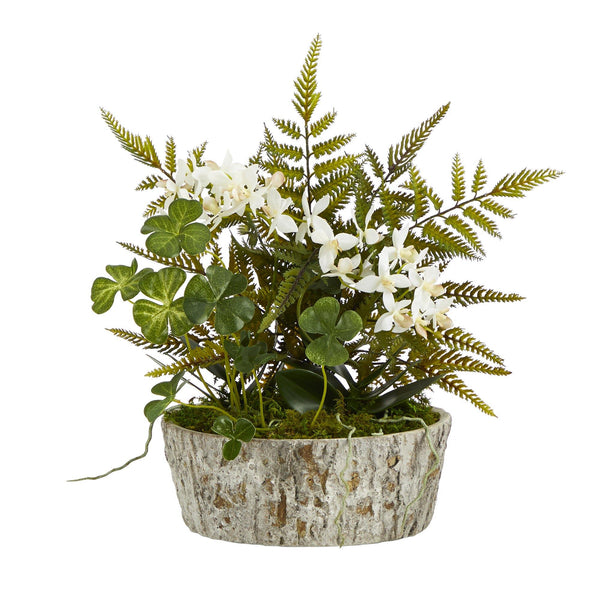 13” Orchid Phalaenopsis, Clover and Fern Artificial Plant in Weathered Oak Planter
