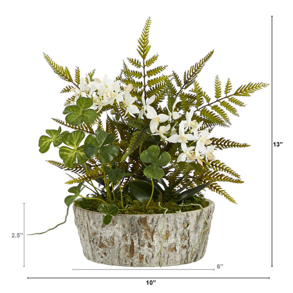 13” Orchid Phalaenopsis, Clover and Fern Artificial Plant in Weathered Oak Planter